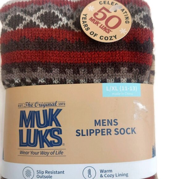 MUK LUKS Mens Slipper Socks Size L/XL Shoe Size 11/13 Red Warm Comfortable 50yrs - Picture 2 of 4